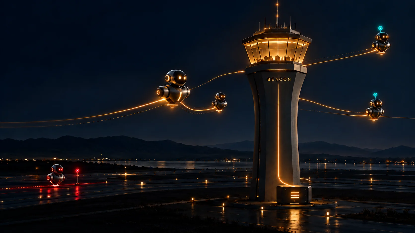 A control tower marked Beacon guides robotic AI agents along lit flight paths at night; one agent is held at a red stop on the runway.